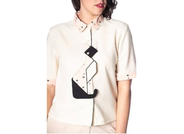BANNED APPAREL Geo Cat Design 60s Vintage Retro Button White Blouse Size 12 Medium