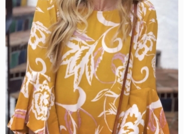 MISTER ZIMI Yellow Flower Trumpet Sleeve Shift Dress Size 14 Boho Chic Style