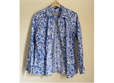 DAVID JONES Blue White Floral Dress Shirt Blouse Cotton Blend Size 12 1