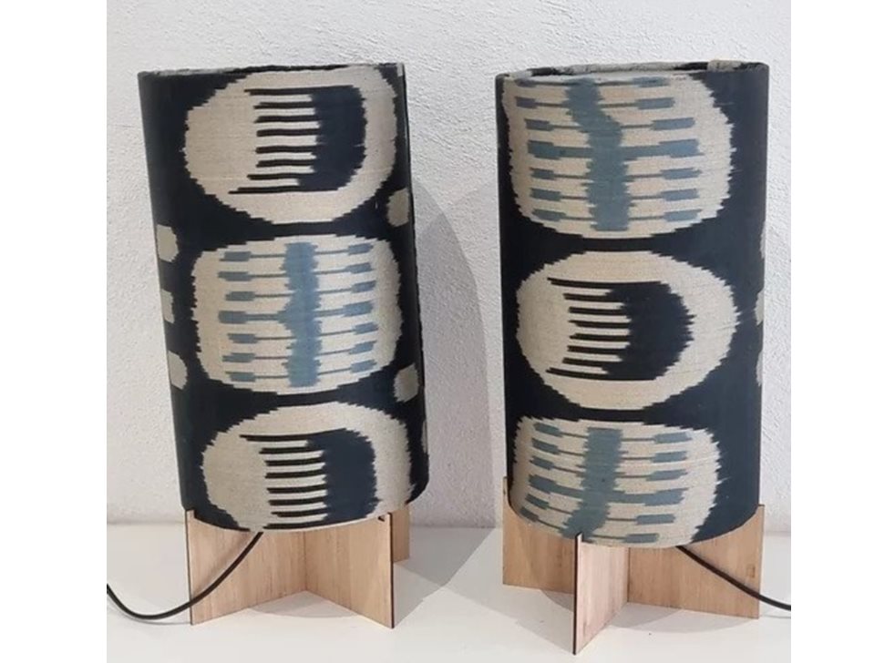 Lampshade handmade with Uzbek handwoven ikat- silver blue charcoal fabric