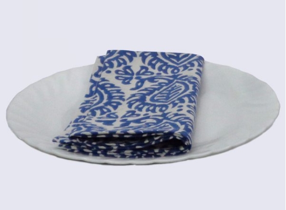 Napkins Block printed with blue and white paisley design 1