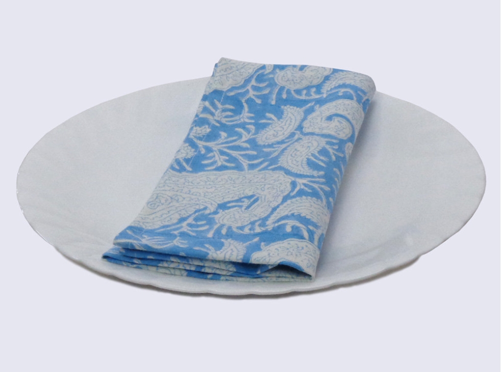 Napkins Block printed with blue and white paisley design