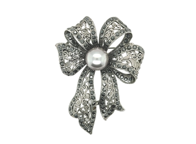 Lace Bow with Silver Faux Pearl Brooch Black