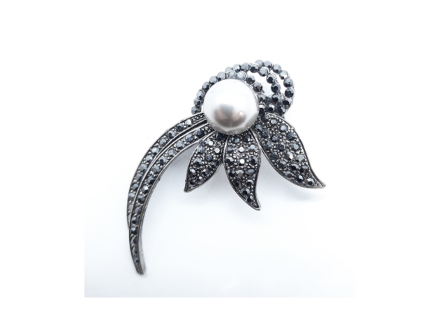 Faux Silver Pearl and Black Crystal Brooch