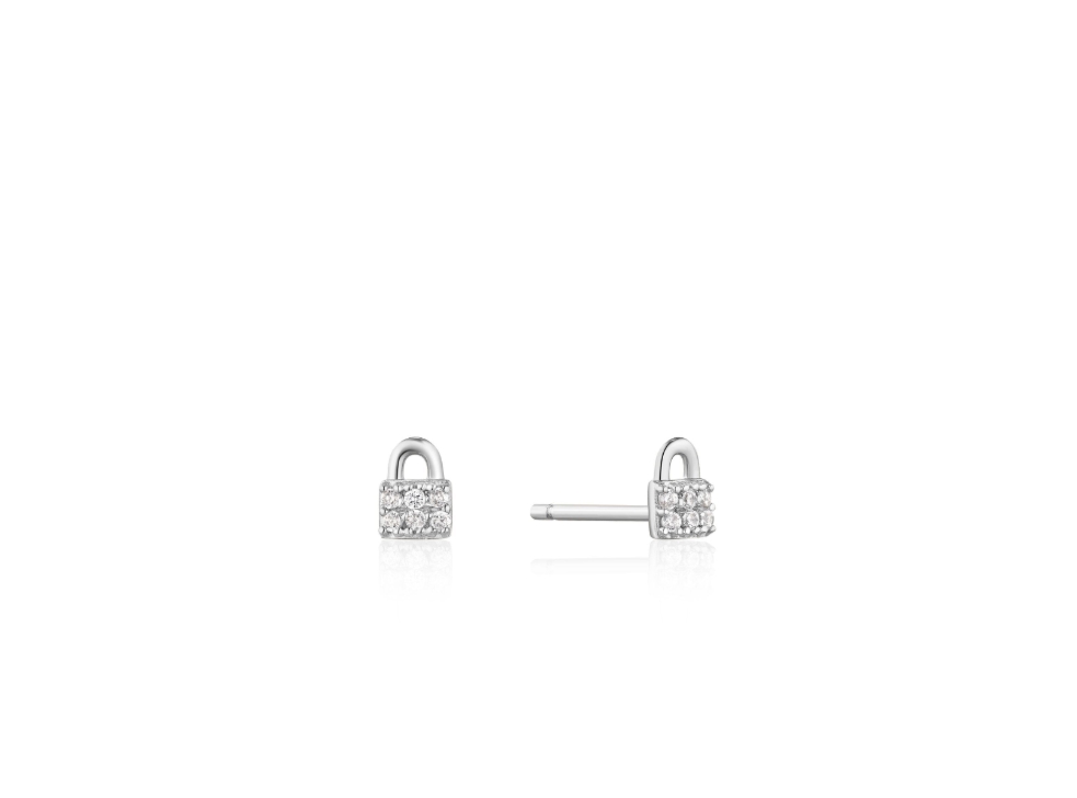 Silver Padlock Sparkle Stud Earrings