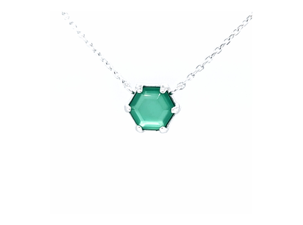 Small Hexagon Green Onyx Silver Necklace