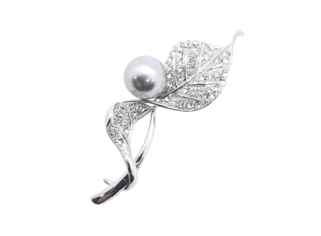 Faux Silver Pearl Leaf Brooch