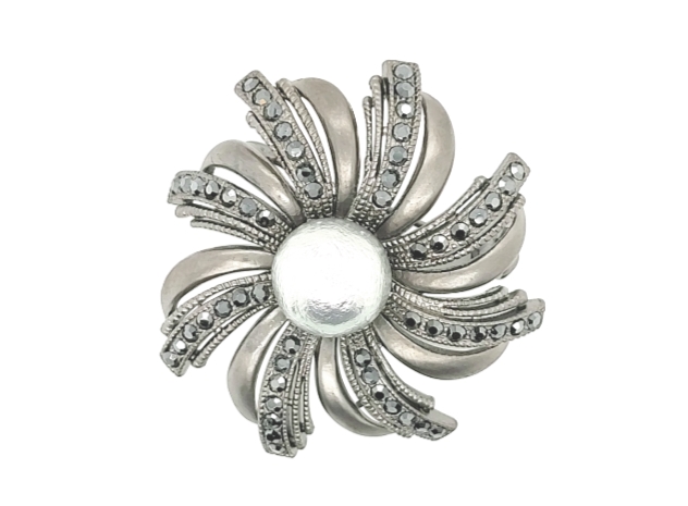 Faux Pearl Sun Brooch Gun Metal Colour