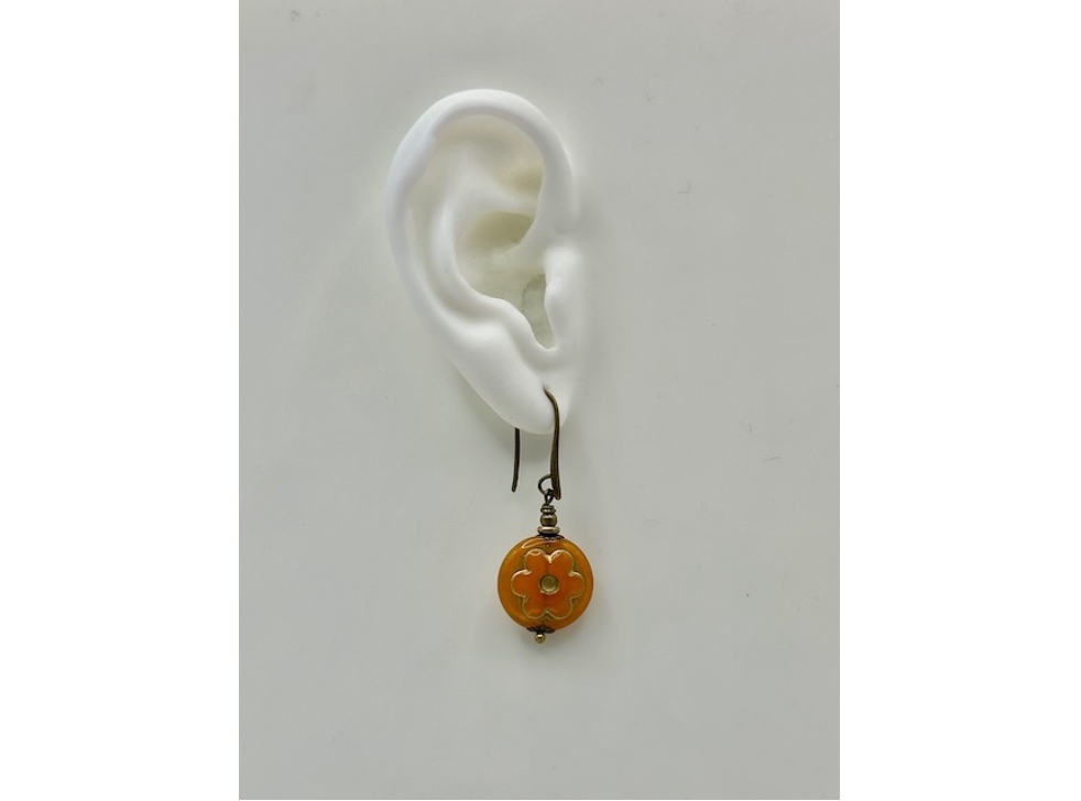 Czech Glass Orange Daisy Earrings